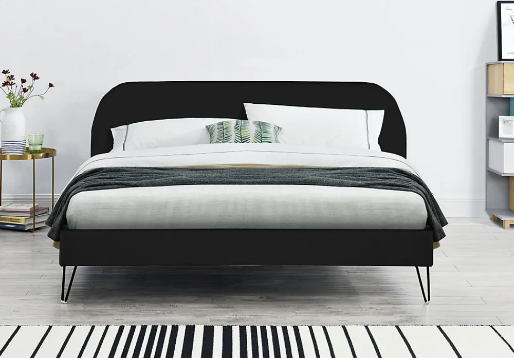Lit 160 x 200 cm en velours noir et pieds noirs - PHOENIX>Concept Usine Discount