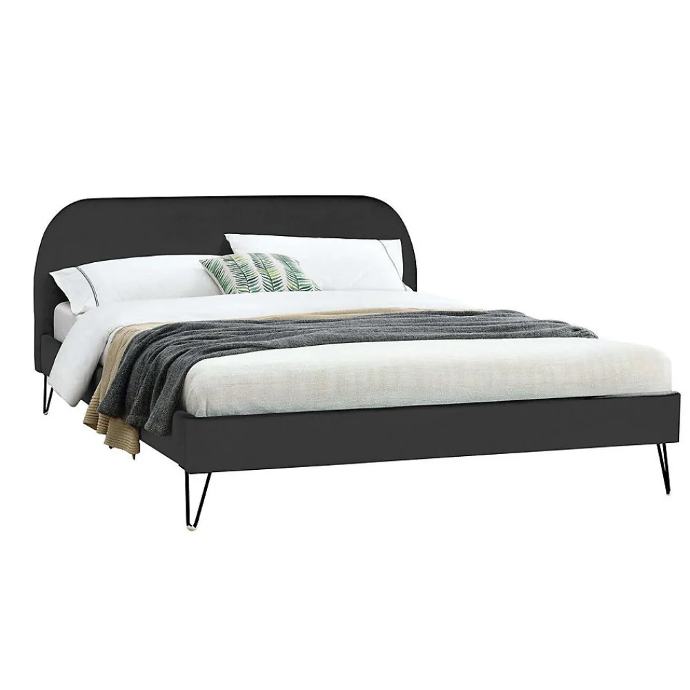 Lit 160 x 200 cm en velours noir et pieds noirs - PHOENIX>Concept Usine Discount