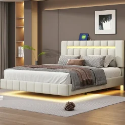 Lit 160 X 200 Cm, Rembourré, Avec Tête De Lit Réglable, Éclairage LED, En Lin, Beige>Simple Life Hot