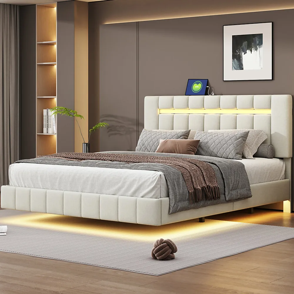 Lit 160 X 200 Cm, Rembourré, Avec Tête De Lit Réglable, Éclairage LED, En Lin, Beige>Simple Life Hot