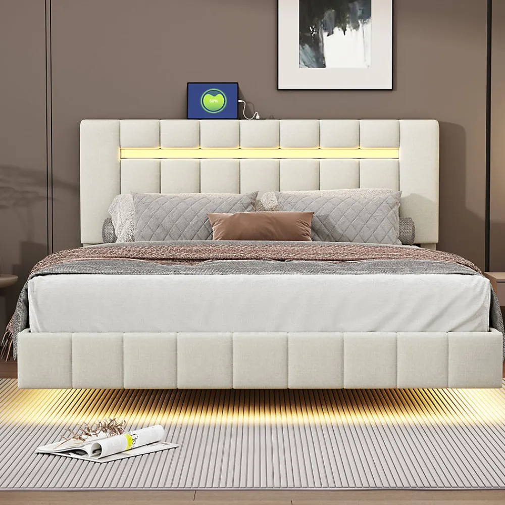 Lit 160 X 200 Cm, Rembourré, Avec Tête De Lit Réglable, Éclairage LED, En Lin, Beige>Simple Life Hot