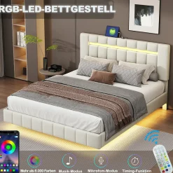 Lit 160 X 200 Cm, Rembourré, Avec Tête De Lit Réglable, Éclairage LED, En Lin, Beige><noscript><img width=