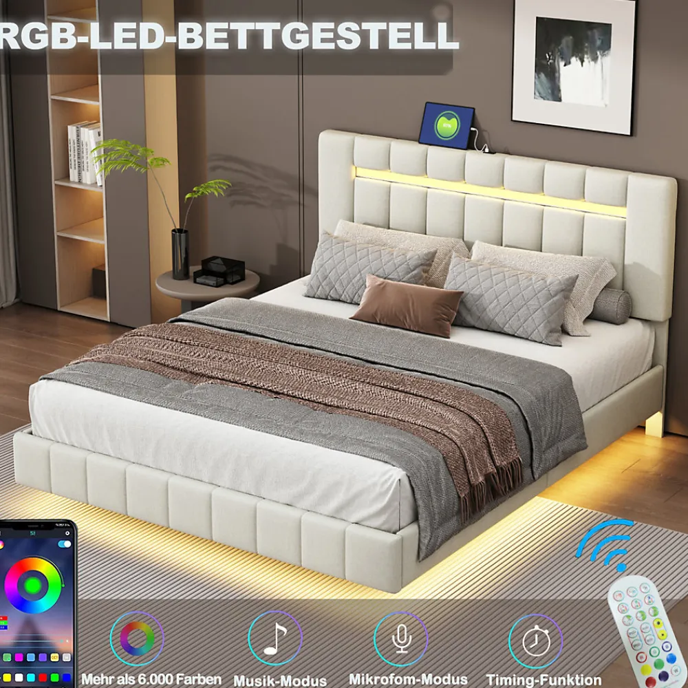 Lit 160 X 200 Cm, Rembourré, Avec Tête De Lit Réglable, Éclairage LED, En Lin, Beige>Simple Life Hot