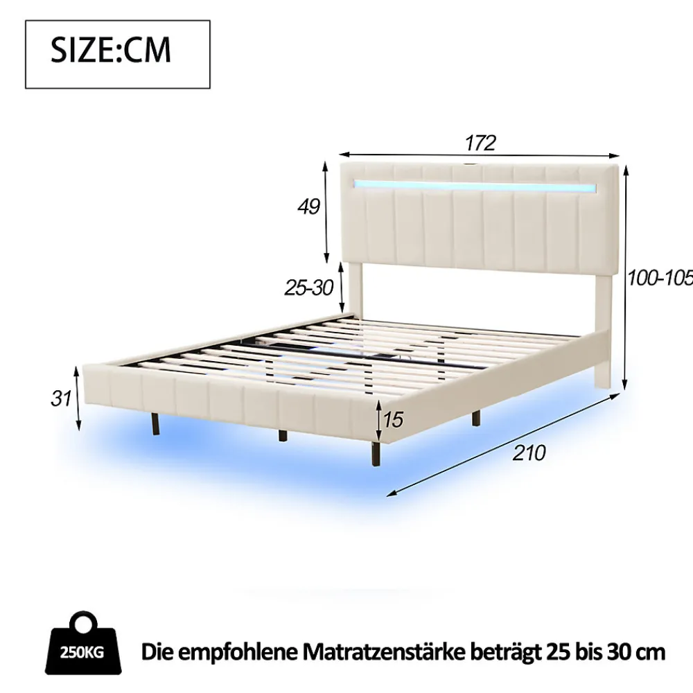 Lit 160 X 200 Cm, Rembourré, Avec Tête De Lit Réglable, Éclairage LED, En Lin, Beige>Simple Life Hot