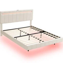 Lit 160 X 200 Cm, Rembourré, Avec Tête De Lit Réglable, Éclairage LED, En Lin, Beige><noscript><img width=