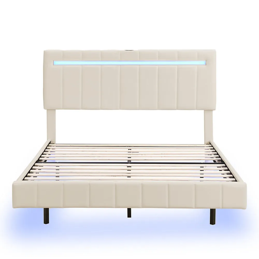Lit 160 X 200 Cm, Rembourré, Avec Tête De Lit Réglable, Éclairage LED, En Lin, Beige>Simple Life Hot