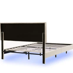 Lit 160 X 200 Cm, Rembourré, Avec Tête De Lit Réglable, Éclairage LED, En Lin, Beige><noscript><img width=