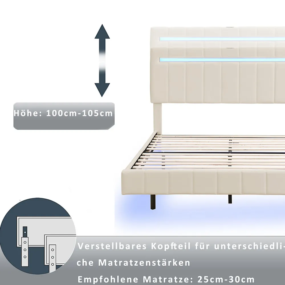 Lit 160 X 200 Cm, Rembourré, Avec Tête De Lit Réglable, Éclairage LED, En Lin, Beige>Simple Life Hot
