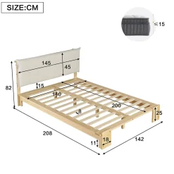 Okwish Lit Ado 140x200 cm - Lit Double avec Tête de Lit Capitonnée à Scratch, Sommier à Lattes, sans Matelas - Bois Naturel* Lit Double