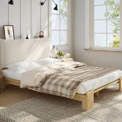 Okwish Lit Ado 140x200 cm - Lit Double avec Tête de Lit Capitonnée à Scratch, Sommier à Lattes, sans Matelas - Bois Naturel* Lit Double