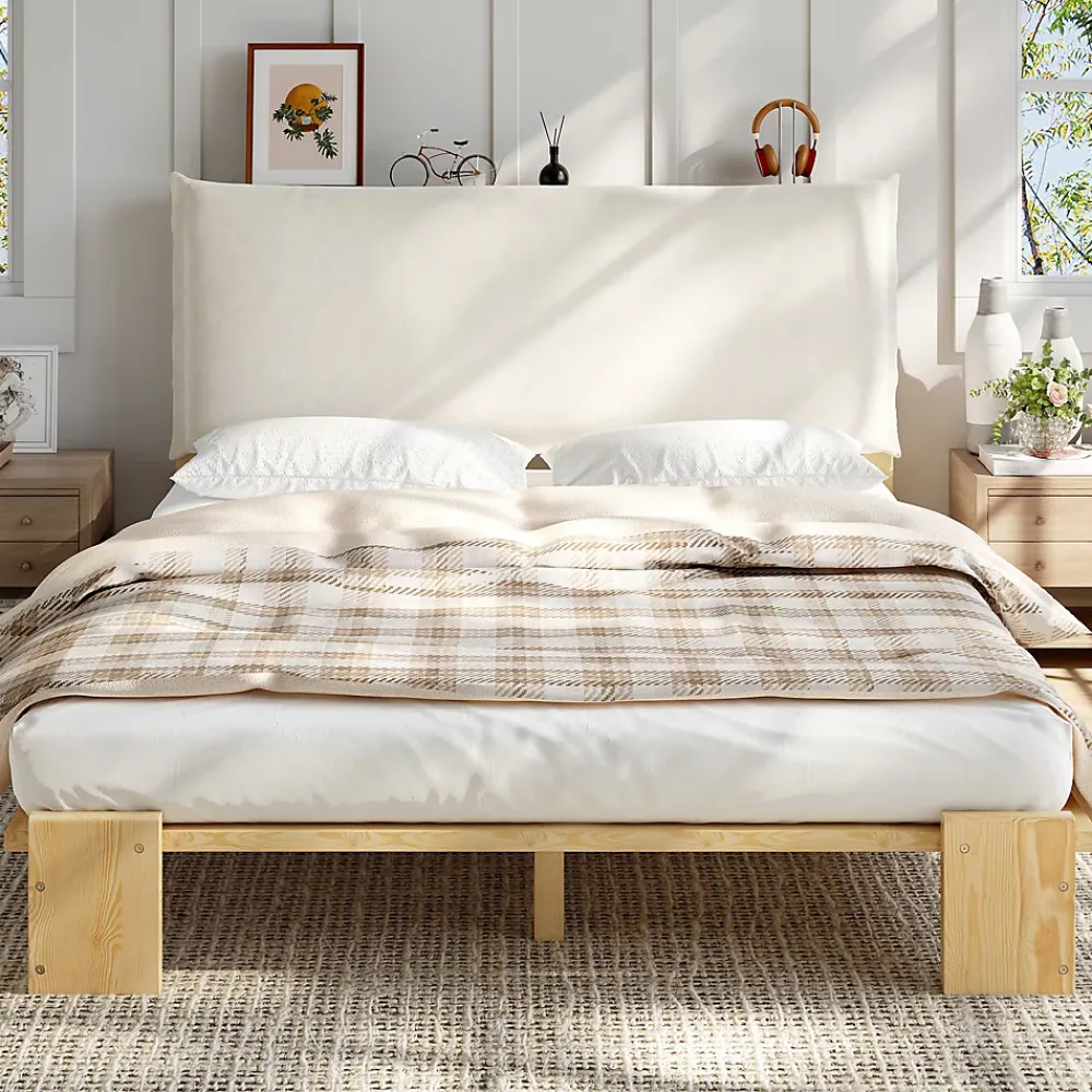 Okwish Lit Ado 140x200 cm - Lit Double avec Tête de Lit Capitonnée à Scratch, Sommier à Lattes, sans Matelas - Bois Naturel* Lit Double