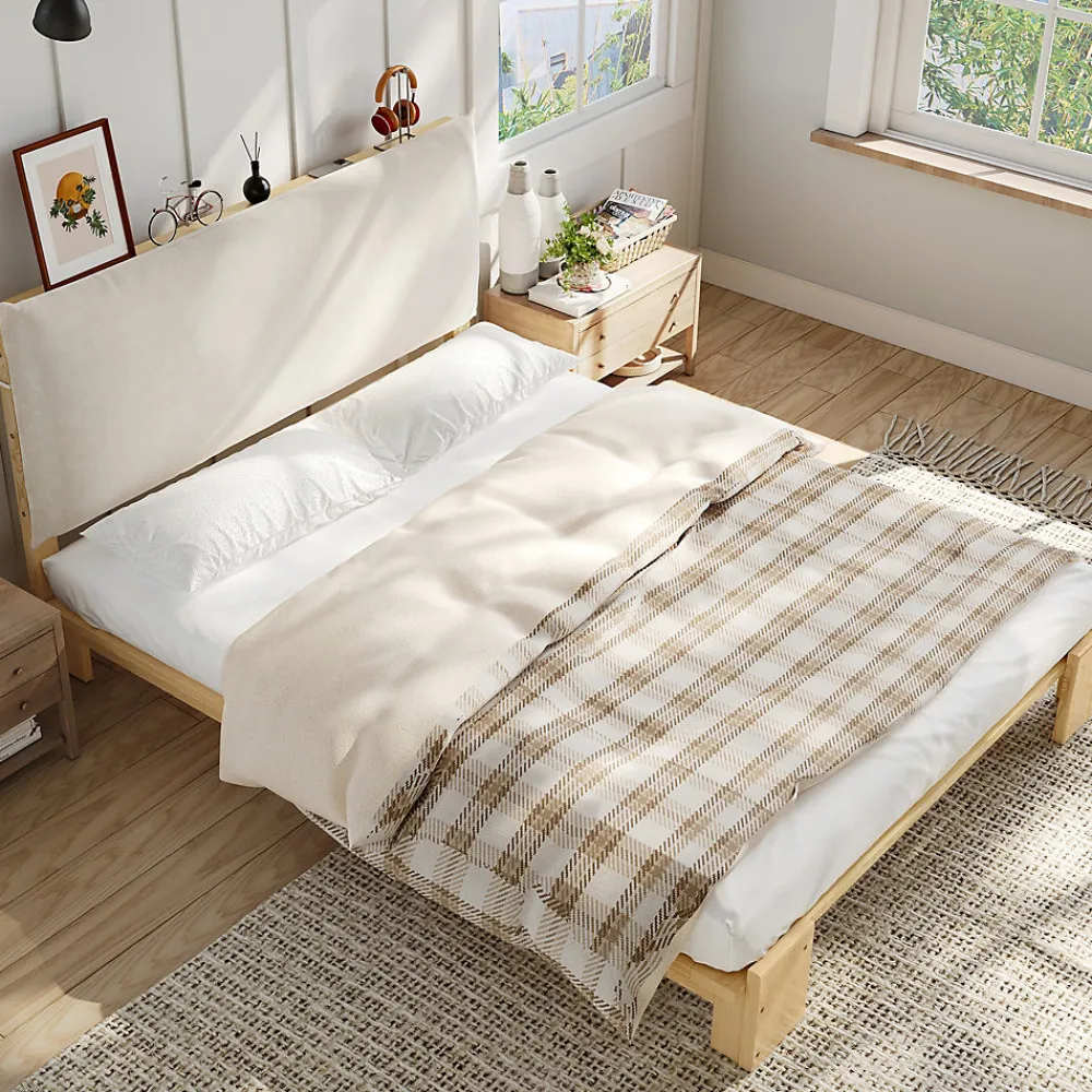 Okwish Lit Ado 140x200 cm - Lit Double avec Tête de Lit Capitonnée à Scratch, Sommier à Lattes, sans Matelas - Bois Naturel* Lit Double