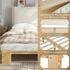 Okwish Lit Ado 140x200 cm - Lit Double avec Tête de Lit Capitonnée à Scratch, Sommier à Lattes, sans Matelas - Bois Naturel* Lit Double