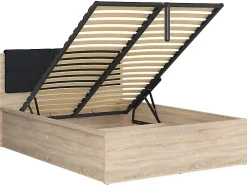 Pegane Lit adule 140x200 avec tête de lit capitonnée noir,sommier et rangement, coloris chêne Sonoma - L. 204,5 x P. 149 x H. 95/40,5 cm* Lit Coffre