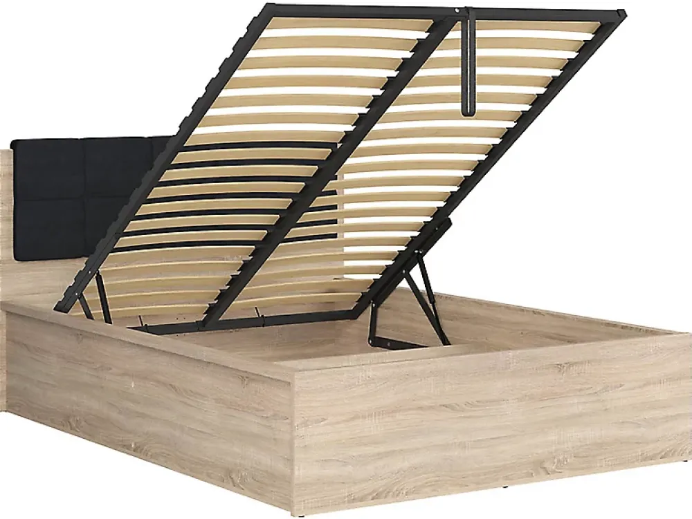 Pegane Lit adule 140x200 avec tête de lit capitonnée noir,sommier et rangement, coloris chêne Sonoma - L. 204,5 x P. 149 x H. 95/40,5 cm* Lit Coffre