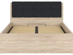 Pegane Lit adule 140x200 avec tête de lit capitonnée noir,sommier et rangement, coloris chêne Sonoma - L. 204,5 x P. 149 x H. 95/40,5 cm* Lit Coffre