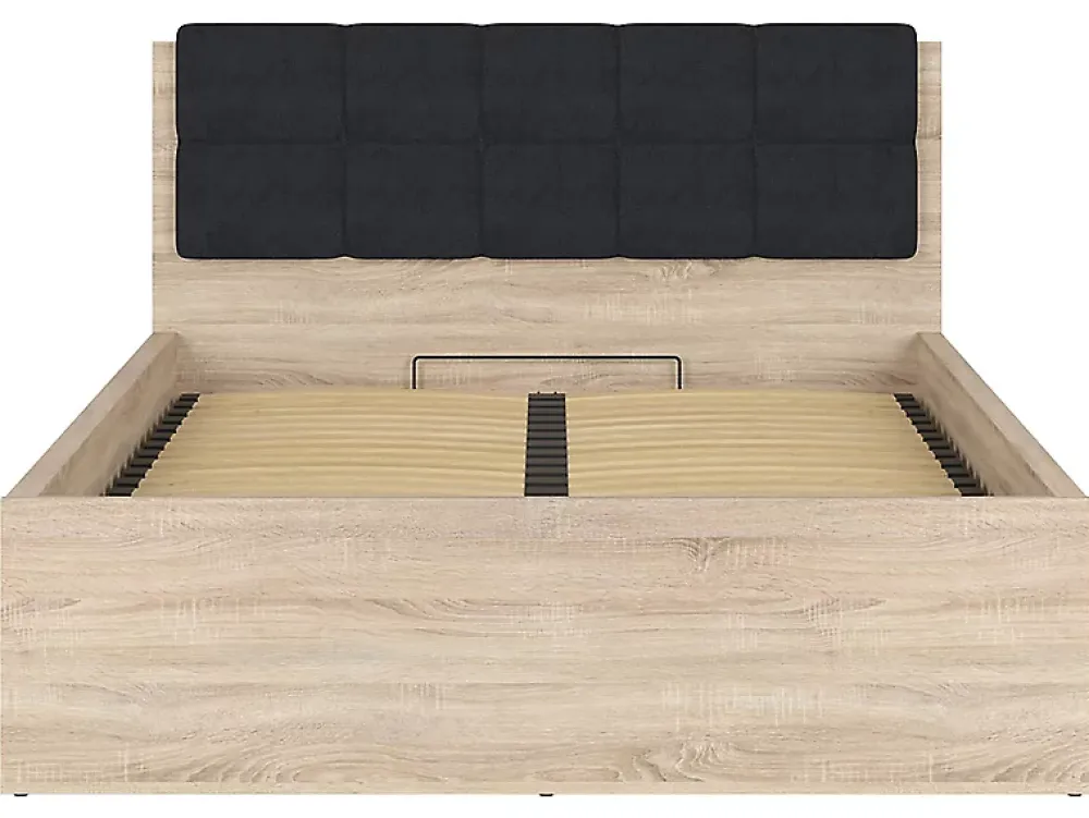 Pegane Lit adule 140x200 avec tête de lit capitonnée noir,sommier et rangement, coloris chêne Sonoma - L. 204,5 x P. 149 x H. 95/40,5 cm* Lit Coffre