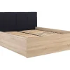Lit adule 140x200 avec tête de lit capitonnée noir,sommier et rangement, coloris chêne Sonoma/noir>Pegane Outlet