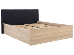 Lit adule 140x200 avec tête de lit capitonnée noir,sommier et rangement, coloris chêne Sonoma/noir>Pegane Outlet