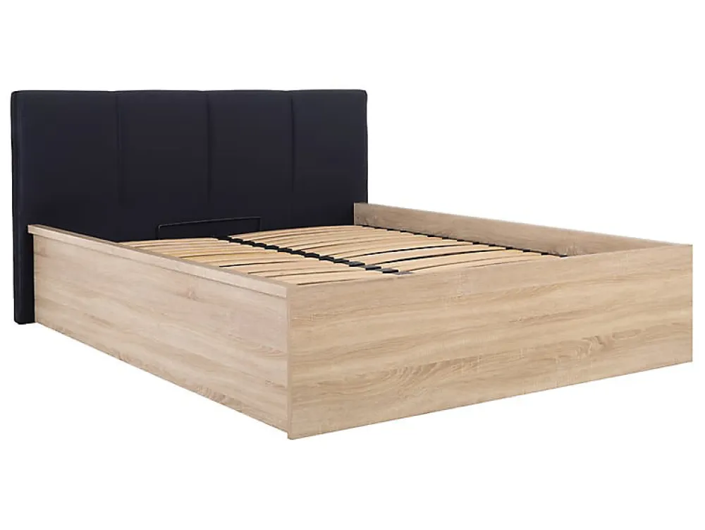 Lit adule 140x200 avec tête de lit capitonnée noir,sommier et rangement, coloris chêne Sonoma/noir>Pegane Outlet