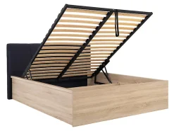Lit adule 140x200 avec tête de lit capitonnée noir,sommier et rangement, coloris chêne Sonoma/noir>Pegane Outlet