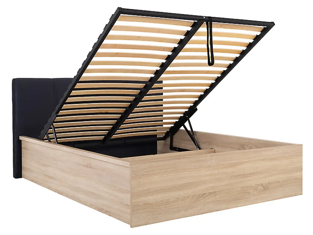 Lit adule 140x200 avec tête de lit capitonnée noir,sommier et rangement, coloris chêne Sonoma/noir>Pegane Outlet