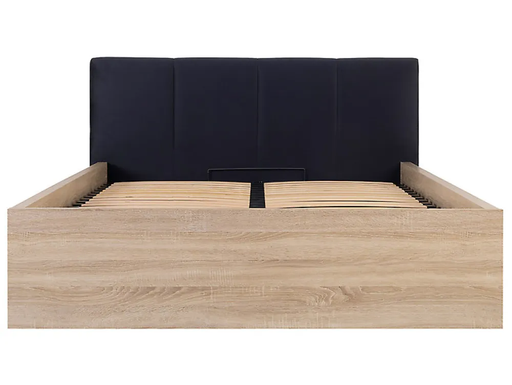Lit adule 140x200 avec tête de lit capitonnée noir,sommier et rangement, coloris chêne Sonoma/noir>Pegane Outlet