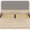 Lit adule 140x200 avec tête de lit capitonnée beige,sommier et rangement, coloris chêne Sonoma - L. 204,5 x P. 149 x H. 95/40,5 cm>Pegane Outlet