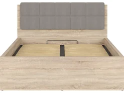 Lit adule 140x200 avec tête de lit capitonnée beige,sommier et rangement, coloris chêne Sonoma - L. 204,5 x P. 149 x H. 95/40,5 cm>Pegane Outlet