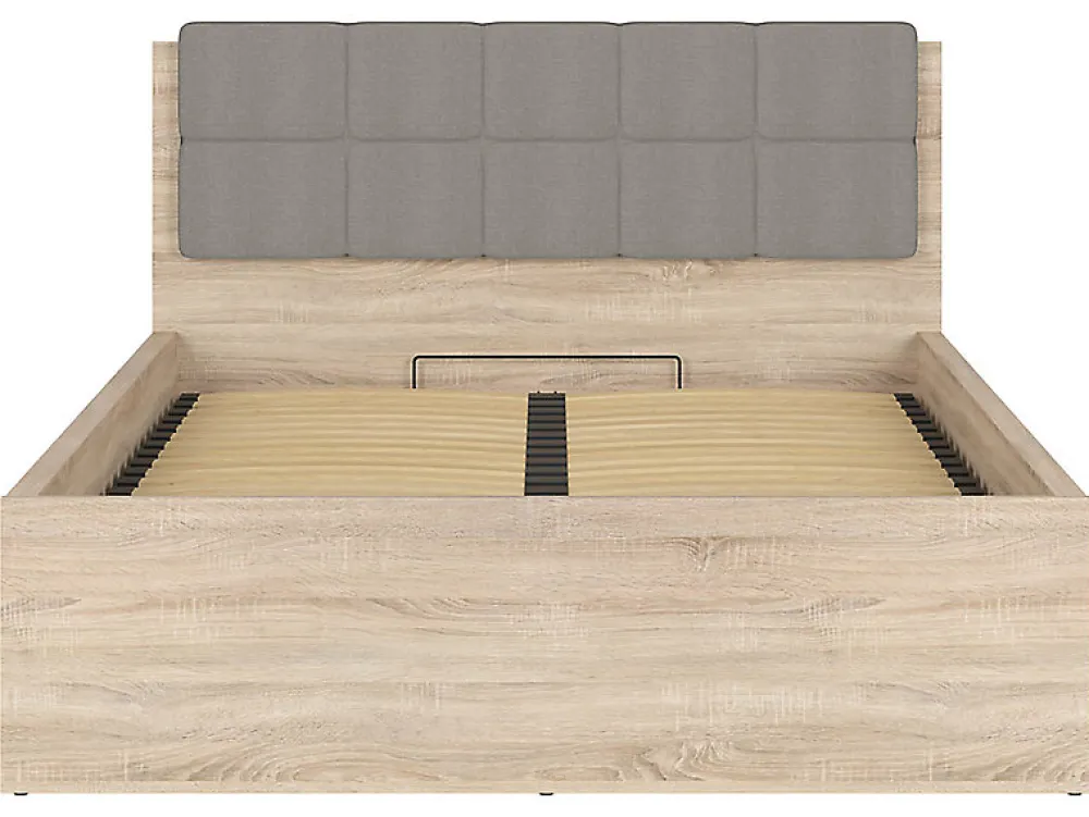 Lit adule 140x200 avec tête de lit capitonnée beige,sommier et rangement, coloris chêne Sonoma - L. 204,5 x P. 149 x H. 95/40,5 cm>Pegane Outlet