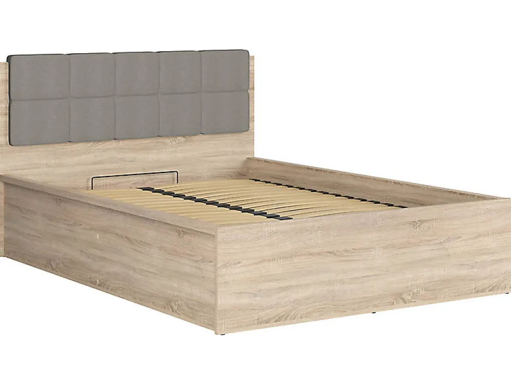 Lit adule 140x200 avec tête de lit capitonnée beige,sommier et rangement, coloris chêne Sonoma - L. 204,5 x P. 149 x H. 95/40,5 cm>Pegane Outlet