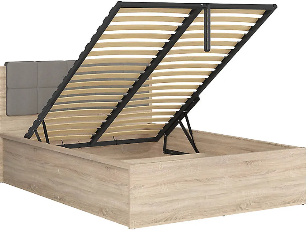 Lit adule 140x200 avec tête de lit capitonnée beige,sommier et rangement, coloris chêne Sonoma - L. 204,5 x P. 149 x H. 95/40,5 cm>Pegane Outlet