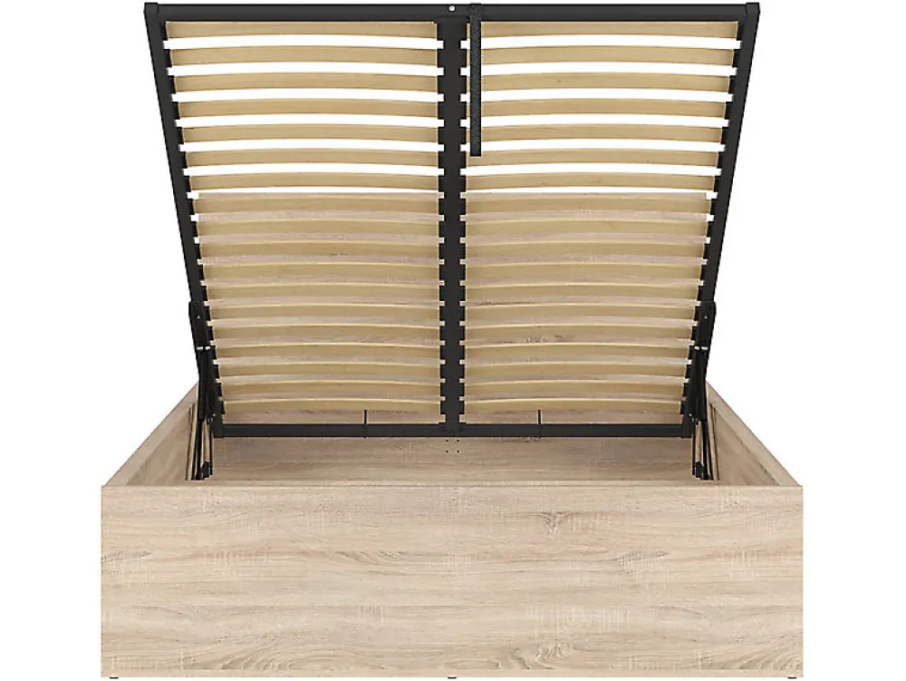 Lit adule 140x200 Lit coffre 2 places avec sommier et rangement, coloris chêne Sonoma - L. 204,5 x P. 149 x H. 95/40,5 cm>Pegane Hot