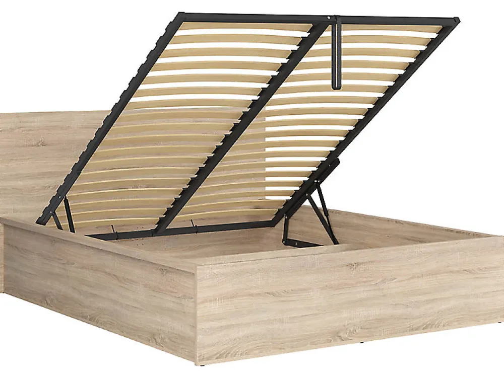 Lit adule 160x200 Lit coffre 2 place avec sommier et rangement, coloris chêne Sonoma - L. 204,5 x P. 169 x H. 95/40,5 cm>Pegane Hot