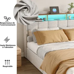 Lit adulte 180 x 200 cm avec 4 tiroirs de rangement, bande lumineuse LED, chargement USB, lit capitonné double, lit ado, lin beige>Generique Hot