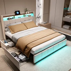 Lit adulte 180 x 200 cm avec 4 tiroirs de rangement, bande lumineuse LED, chargement USB, lit capitonné double, lit ado, lin beige>Generique Hot