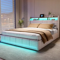Lit adulte 180 x 200 cm avec 4 tiroirs de rangement, bande lumineuse LED, chargement USB, lit capitonné double, lit ado, lin beige><noscript><img width=