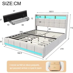 Lit adulte 180 x 200 cm avec 4 tiroirs de rangement, bande lumineuse LED, chargement USB, lit capitonné double, lit ado, lin beige><noscript><img width=
