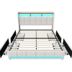 Lit adulte 180 x 200 cm avec 4 tiroirs de rangement, bande lumineuse LED, chargement USB, lit capitonné double, lit ado, lin beige><noscript><img width=