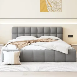 Fortuna lai Lit adulte 160 x 200,lit au sol, lit bas,avec tête de lit et dossier souple,sommier à lattes,scandinave moderne,lin,gris* Lit Coffre