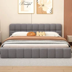 Fortuna lai Lit adulte 160 x 200,lit au sol, lit bas,avec tête de lit et dossier souple,sommier à lattes,scandinave moderne,lin,gris* Lit Coffre