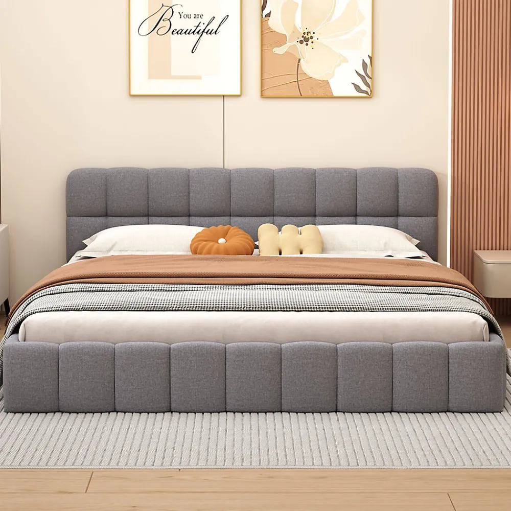 Fortuna lai Lit adulte 160 x 200,lit au sol, lit bas,avec tête de lit et dossier souple,sommier à lattes,scandinave moderne,lin,gris* Lit Coffre