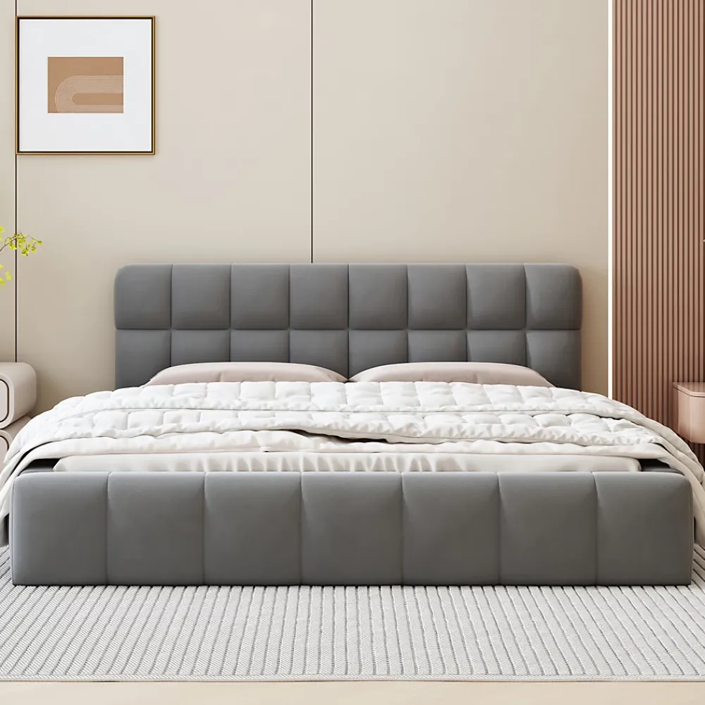 Fortuna lai Lit adulte 160 x 200,lit au sol, lit bas,avec tête de lit et dossier souple,sommier à lattes,scandinave moderne,lin,gris* Lit Coffre