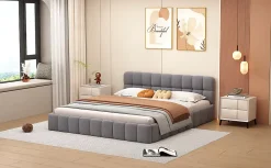 Fortuna lai Lit adulte 160 x 200,lit au sol, lit bas,avec tête de lit et dossier souple,sommier à lattes,scandinave moderne,lin,gris* Lit Coffre