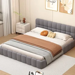 Fortuna lai Lit adulte 160 x 200,lit au sol, lit bas,avec tête de lit et dossier souple,sommier à lattes,scandinave moderne,lin,gris* Lit Coffre