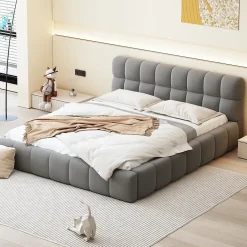 Fortuna lai Lit adulte 160 x 200,lit au sol, lit bas,avec tête de lit et dossier souple,sommier à lattes,scandinave moderne,lin,gris* Lit Coffre
