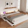 Lit adulte de rangement 180x200cm en bois - avec prises USB et LED - 2 tables de chevet & 2 tiroirs - Blanc>ModernLuxe Hot