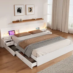 Lit adulte de rangement 180x200cm en bois - avec prises USB et LED - 2 tables de chevet & 2 tiroirs - Blanc>ModernLuxe Hot