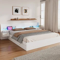 Lit adulte de rangement 180x200cm en bois - avec prises USB et LED - 2 tables de chevet & 2 tiroirs - Blanc>ModernLuxe Hot