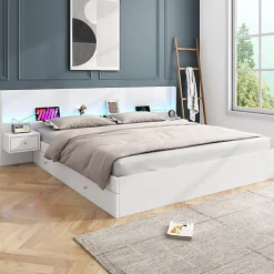 Lit adulte de rangement 180x200cm en bois - avec prises USB et LED - 2 tables de chevet & 2 tiroirs - Blanc><noscript><img width=